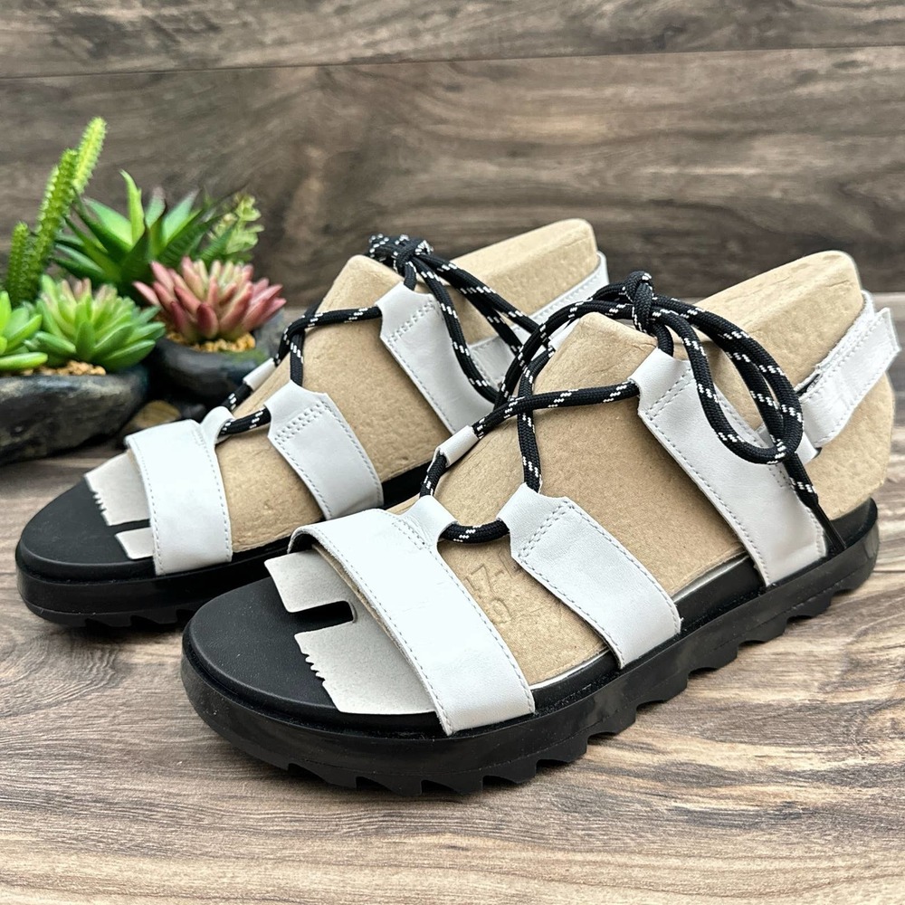 NIB Sorel Roaming Lace 8.5 Slingback Gladiator Flat Leather Sandals White Black - Picture 5 of 12